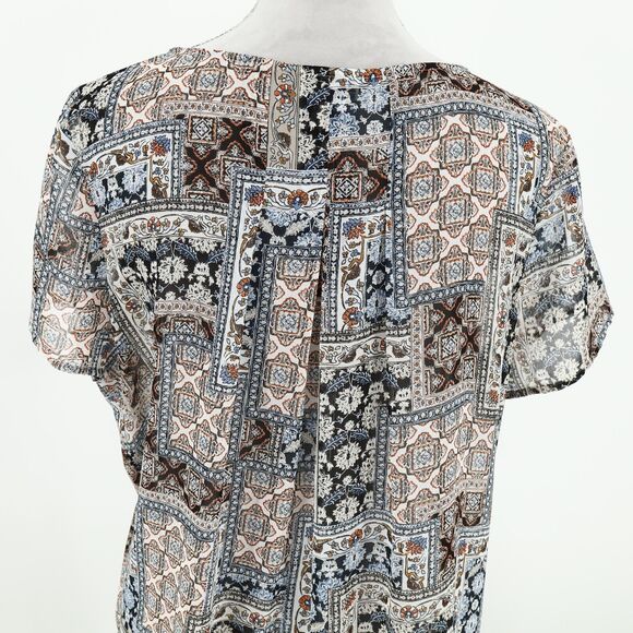 J Jill Top Womens Large Ivory Blue Sheer Blouse Back Pleats Whimsy Boho Chic - Picture 9 of 12